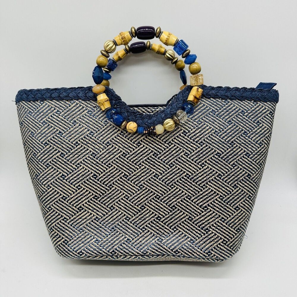 Blue Miami Woven Beaded Handles Purse Tote Navy 15x9